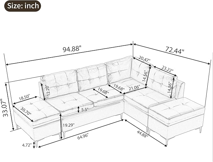 94.88" PU Leather L Shaped Sofa with Reversible Chaise Lounge, Storage Ottoman, Button Tufted Backrest&Cushion, 6-Seater Upholstered Corner Sectional Couches for Living Room Office Apartment - LeafyLoom
