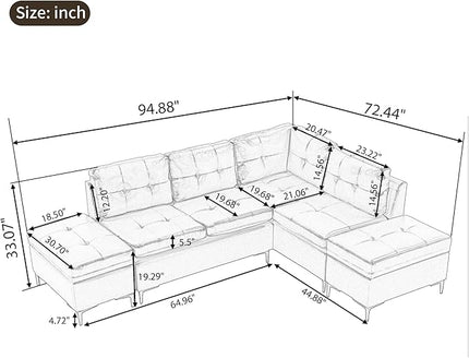94.88" PU Leather L Shaped Sofa with Reversible Chaise Lounge, Storage Ottoman, Button Tufted Backrest&Cushion, 6-Seater Upholstered Corner Sectional Couches for Living Room Office Apartment - LeafyLoom
