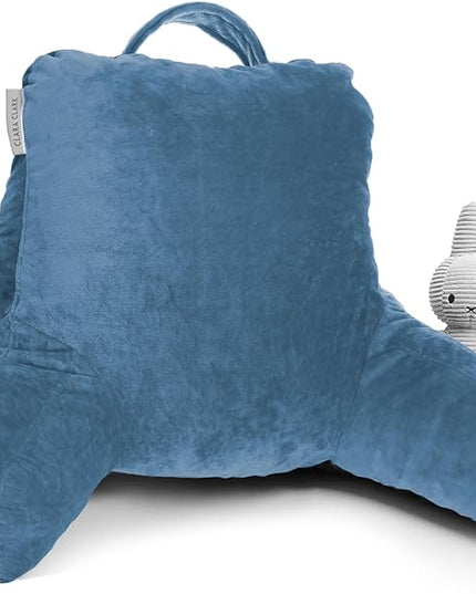 Clara Clark Reading Pillow for Kids, Small Back Pillow for Sitting Up in Bed, Memory Foam Back Support Pillow, Reading Pillows for Sitting in Bed, Blue Heaven Gaming Pillow with Arms and Pockets - LeafyLoom