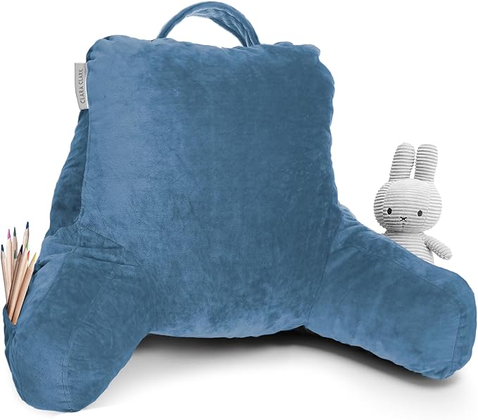 Clara Clark Reading Pillow for Kids, Small Back Pillow for Sitting Up in Bed, Memory Foam Back Support Pillow, Reading Pillows for Sitting in Bed, Blue Heaven Gaming Pillow with Arms and Pockets - LeafyLoom