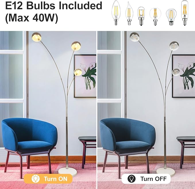 DLLT 3-Light Arc Floor Lamp, 86.6" Chrome Floor Lamps for Living Room, Multi-Head LED Standing Tall Lamp with Adjustable Arms, Modern Tree Floor Lamp for Bedroom, Study, Office, E12 Bulbs Included - LeafyLoom