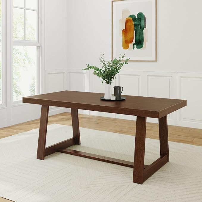 Plank+Beam 72 Inch Farmhouse Dining Table, Solid Wood Rustic Kitchen Table, Large Wooden Rectangular Dinner Table for Dining Room, Home Office, Living Room Furniture, Easy Assembly, Walnut Wirebrush - LeafyLoom