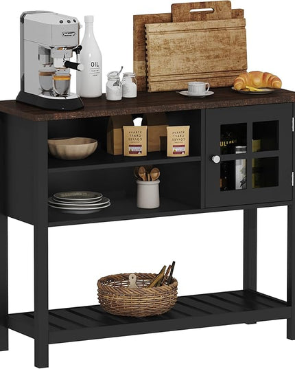 ChooChoo Farmhouse Coffee Bar Cabinet, Buffet Cabinet with Storage, Sideboard Buffet Cabinet with Glass Door, Console Table for Kitchen, Hallway, Entrance, Black - LeafyLoom