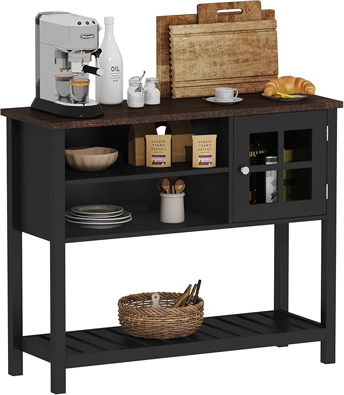 ChooChoo Farmhouse Coffee Bar Cabinet, Buffet Cabinet with Storage, Sideboard Buffet Cabinet with Glass Door, Console Table for Kitchen, Hallway, Entrance, Black - LeafyLoom