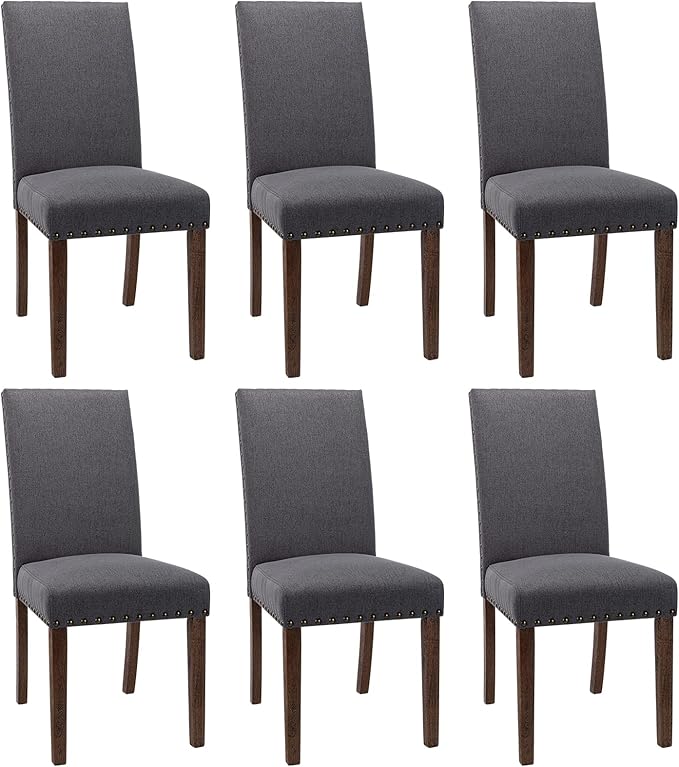 COLAMY Modern Wood Dining Chairs Set of 6, Parsons Dining Chairs, 19 Inch Padded Dining Chairs with Nailed Trim for Kitchen Dining Living Room, Grey - LeafyLoom