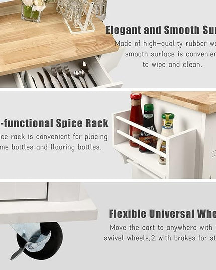 NSdirect Kitchen Island Cart,Kitchen Bar&Serving Cart Rolling on Wheels with Spice Rack Towel Holder Utility Storage Trolley with Storage Drawers for Home Hotel Kitchen Dinning Room(White) - LeafyLoom