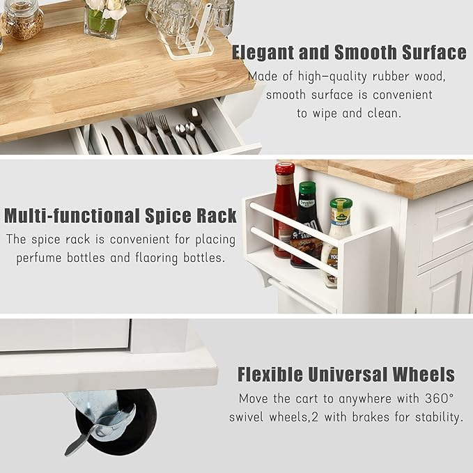 NSdirect Kitchen Island Cart,Kitchen Bar&Serving Cart Rolling on Wheels with Spice Rack Towel Holder Utility Storage Trolley with Storage Drawers for Home Hotel Kitchen Dinning Room(White) - LeafyLoom