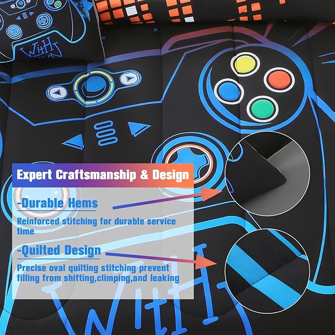 JQinHome Twin Gaming Comforter Sets for Boys,6 Piece Bed in A Bag 3D Video Game Bedding -All Season Soft Microfiber Gamer Bedding Sets for Kids, Pillowcase, Flat Sheet, Fitted Sheet,Cushion Cover - LeafyLoom