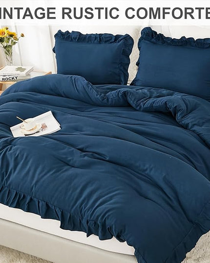 Andency Navy Blue Queen Comforter Set, 3 Pieces Boho Lightweight Solid Bedding Sets for Queen Bed, Fluffy Soft Double Women Men Microfiber Bedding Set - LeafyLoom