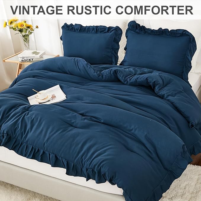 Andency California King Comforter Set Navy Blue, 3 Pieces Cal King Solid Ruffle Shabby Chic Bedding Comforter, Oversized Lightweight Soft Microfiber Bed Comforter - LeafyLoom