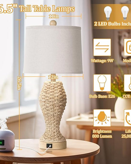 TOBUSA Rattan Table lamps for Bedroom Set of 2, 26.5inch Woven Bedside Lamps with USB C+A, Farmhouse Table Lamps for Nightstand, Coastal Seagrass Lamps for Living Room, End Table (E26 Bulbs Included) - LeafyLoom