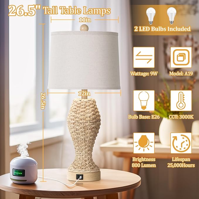 TOBUSA Rattan Table lamps for Bedroom Set of 2, 26.5inch Woven Bedside Lamps with USB C+A, Farmhouse Table Lamps for Nightstand, Coastal Seagrass Lamps for Living Room, End Table (E26 Bulbs Included) - LeafyLoom