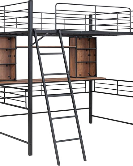 RITSU Full Size Loft Bed with Desk and Storage Shelves, Metal BedFrame,w/Ladder & Fenced Around Guardrails, Easy Assembly, for Adults, Kids, Teens, Black - LeafyLoom