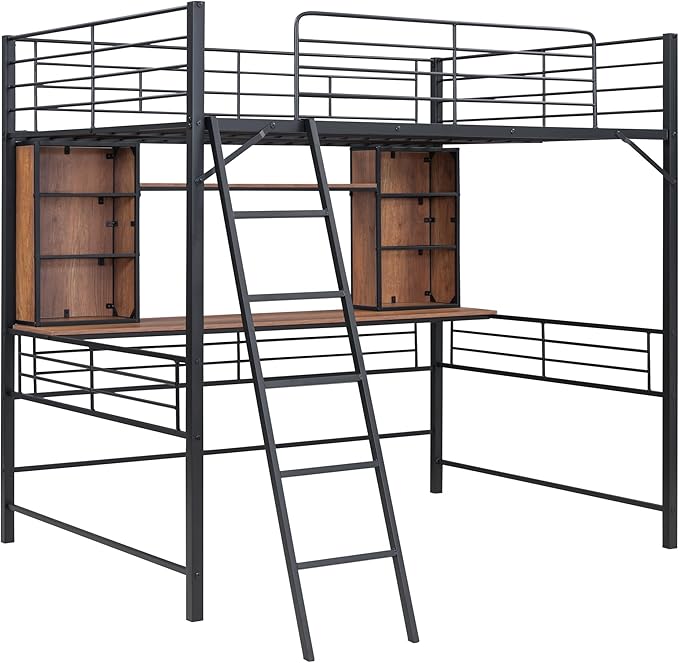 RITSU Full Size Loft Bed with Desk and Storage Shelves, Metal BedFrame,w/Ladder & Fenced Around Guardrails, Easy Assembly, for Adults, Kids, Teens, Black - LeafyLoom