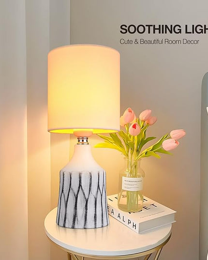 AIDENOEY Small Table Lamp for Bedroom-Bedside Desk Lamps Set of 2,with 3 Way DimmableTouch Control,Nightstand Ceramic Lamp with Fabric Shade for Kids Room,Living Room,Dorm,Home Office(Black+White) - LeafyLoom