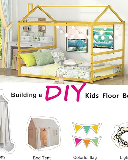 Queen Size Metal Floor Bed for Kids,Montessori Floor Bed with Roof,House Bed Frame for Boys Girls,Metal House Shape Platform Bed,Gold - LeafyLoom