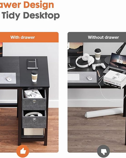 Sweetcrispy Computer Desk 40 Inch Home Office Writing Work PC Table Study Gaming 2-Tier Drawers Storage Shelf Side Headphone Hook, Modern Simple Style Small for Bedroom, Black Wood - LeafyLoom
