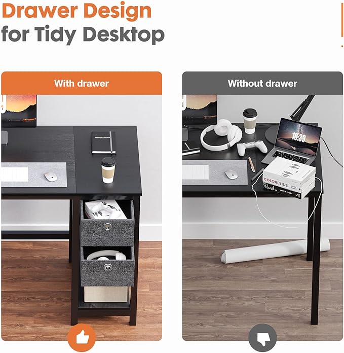 Sweetcrispy Computer Desk 40 Inch Home Office Writing Work PC Table Study Gaming 2-Tier Drawers Storage Shelf Side Headphone Hook, Modern Simple Style Small for Bedroom, Black Wood - LeafyLoom