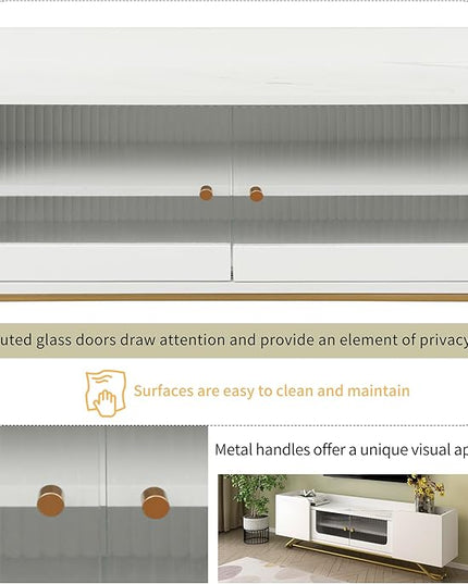 Merax Sleek Design TV Stand with Fluted Glass and Gold Frame Base, Contemporary Entertainment Center for Television Up to 65" Faux Marble Top Console Table for Living Room, 63.07 inch Length, White - LeafyLoom