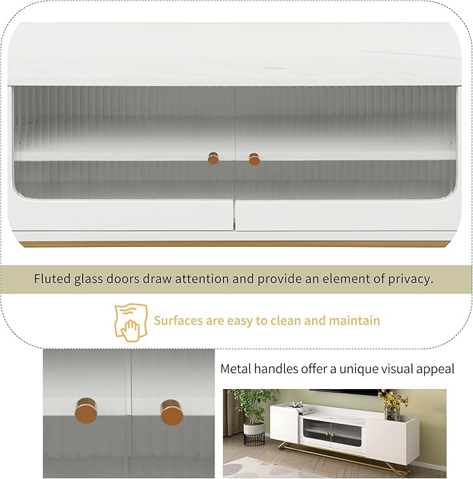 Merax Sleek Design TV Stand with Fluted Glass and Gold Frame Base, Contemporary Entertainment Center for Television Up to 65" Faux Marble Top Console Table for Living Room, 63.07 inch Length, White - LeafyLoom