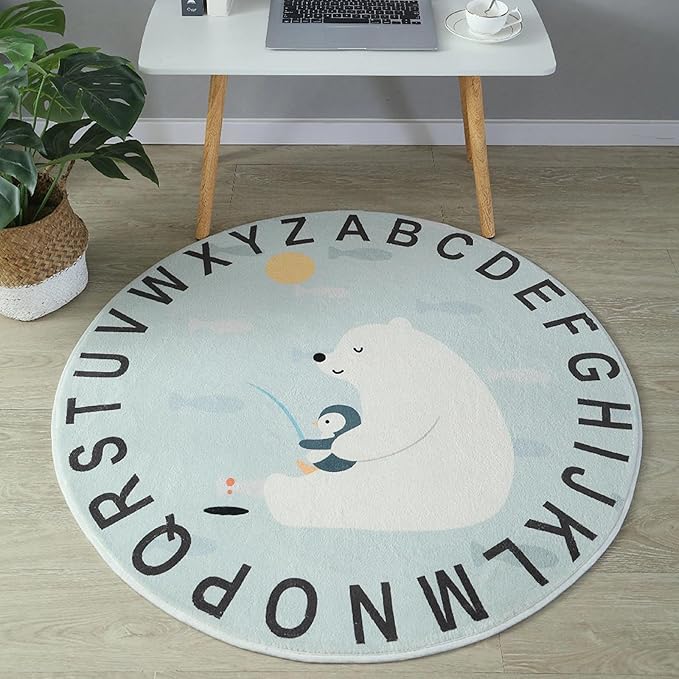 ABC Round Rug for Kids Warm and Soft Alphabet Nursery Animal Area Rugs Fun Rugs for Play Rooms Non-Slip Mats Crawling Mats Decorative Rugs for Bedrooms Living Rooms (Polar bear, 31in) - LeafyLoom