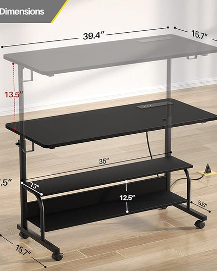 Height Adjustable Standing Desk with Power Outlets, 39" Manual Stand Up Desk with Storage Shelves Small Mobile Rolling Computer Desk Portable Laptop Table with Wheels for Home Office, Black - LeafyLoom