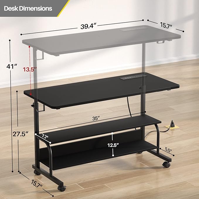 Height Adjustable Standing Desk with Power Outlets, 39" Manual Stand Up Desk with Storage Shelves Small Mobile Rolling Computer Desk Portable Laptop Table with Wheels for Home Office, Black - LeafyLoom