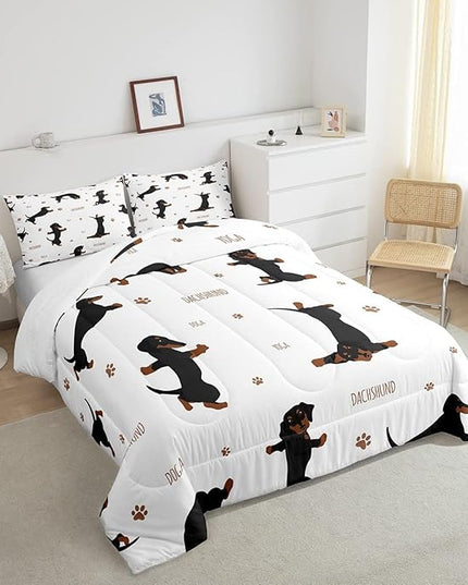 Feelyou Sausage Dog Bedding Set Boys Dachshund Comforter Set for Kids Teens Ultra Soft Puppy Dog Comforter Kawaii Pet Brown Duvet Set Room Decor Twin Size Quilt Set - LeafyLoom