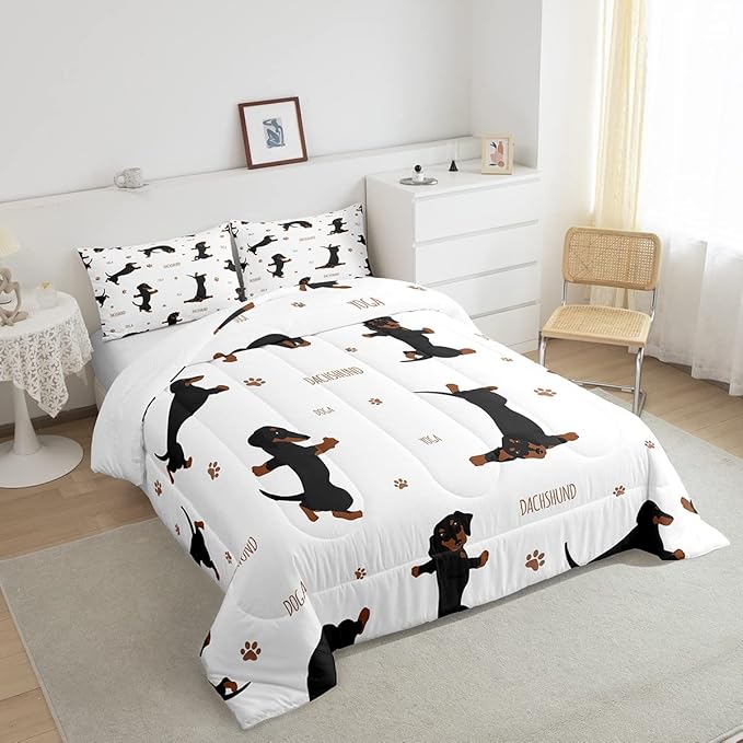 Feelyou Sausage Dog Bedding Set Boys Dachshund Comforter Set for Kids Teens Ultra Soft Puppy Dog Comforter Kawaii Pet Brown Duvet Set Room Decor Twin Size Quilt Set - LeafyLoom
