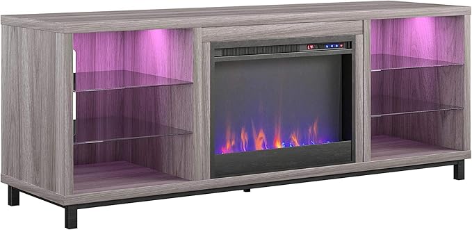 Ameriwood Home Lumina Fireplace TV Stand for TVs up to 70 Inch, Replaceable Electric Fireplace Insert Heater, Remote Control, Timer, Color Changing LED Lights, Crystal Ember Flames, Light Walnut - LeafyLoom