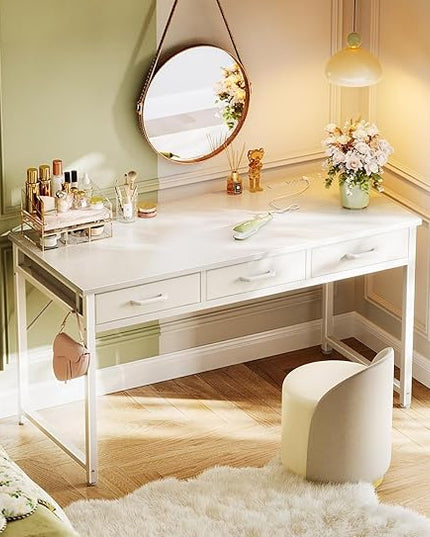 AODK Vanity Desk without Mirror, Makeup Vanity with 3 Fabric Drawers, White Vanity Desk Dressing Vanity Table with Charging Station, 54 Inch Large Girl Vanity, Desk Make Up Vanity for Girls, White - LeafyLoom