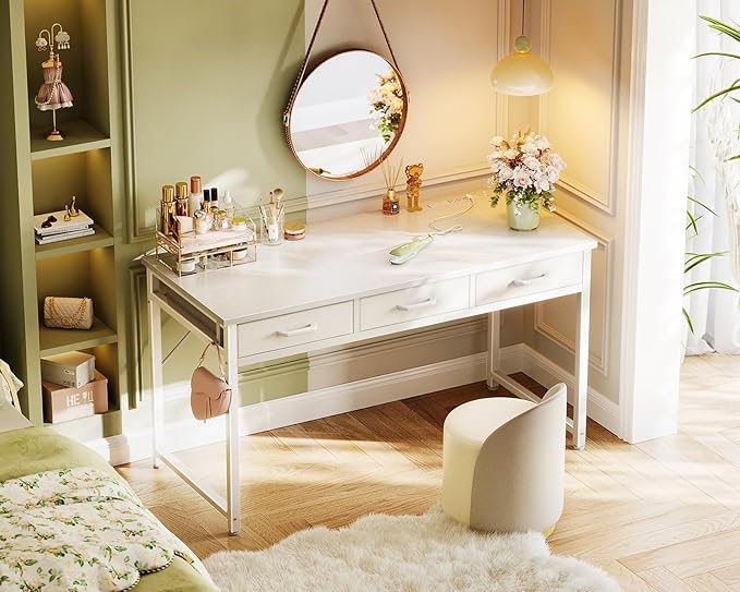 AODK Vanity Desk without Mirror, Makeup Vanity with 3 Fabric Drawers, White Vanity Desk Dressing Vanity Table with Charging Station, 54 Inch Large Girl Vanity, Desk Make Up Vanity for Girls, White - LeafyLoom