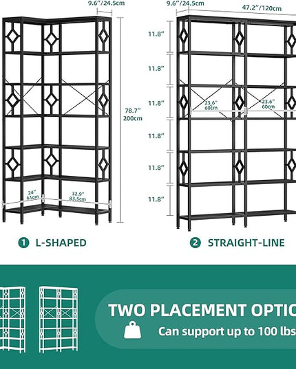 YITAHOME 7 Tier Corner Bookshelf Reversible Bookcase, Tall Bookshelf Display Rack Shelf with Metal Frame for Living Room, Bedroom, Home Office, Black - LeafyLoom