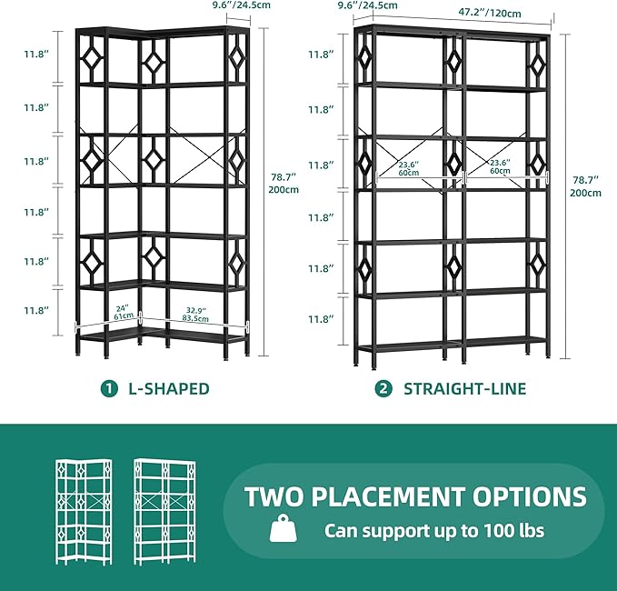 YITAHOME 7 Tier Corner Bookshelf Reversible Bookcase, Tall Bookshelf Display Rack Shelf with Metal Frame for Living Room, Bedroom, Home Office, Black - LeafyLoom