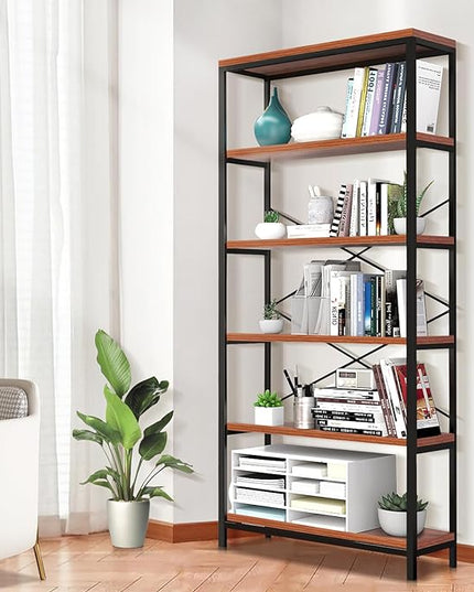 Himimi 6 Tier Industrial Bookshelf, Vintage Standing Storage Shelf, Display Shelving Units, Tall Bookcase, Industrial Metal Book Shelves for Living Room Bedroom and Home Office - LeafyLoom