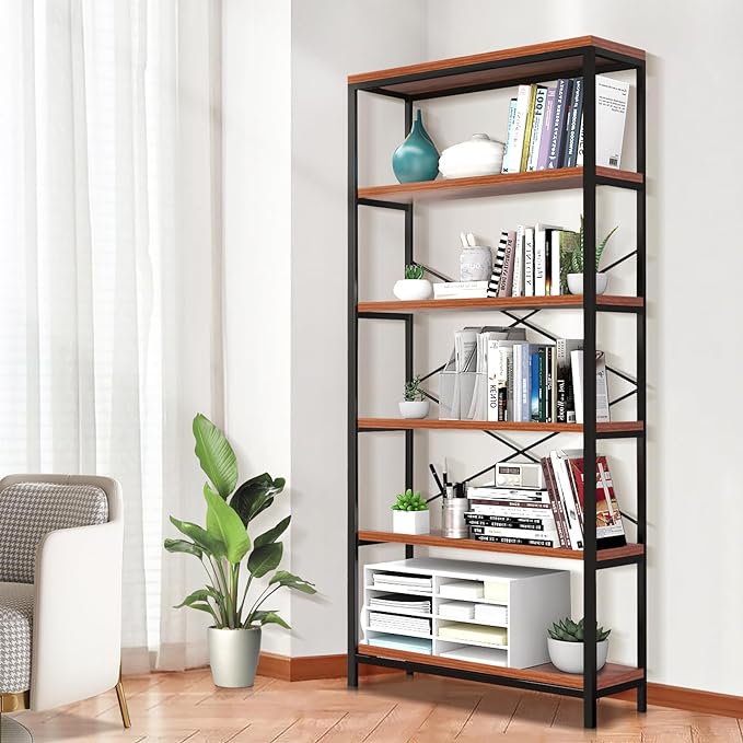 Himimi 6 Tier Industrial Bookshelf, Vintage Standing Storage Shelf, Display Shelving Units, Tall Bookcase, Industrial Metal Book Shelves for Living Room Bedroom and Home Office - LeafyLoom