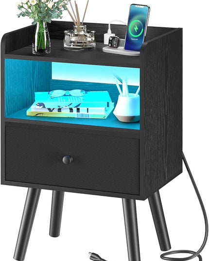 Yoobure Nightstand with Charging Station, Modern Night Stand with LED Lights, Wood Nightstands with Fabric Drawer & Storage Shelf, Night Stands Bedside Table with USB Ports for Bedroom, Office, Home - LeafyLoom