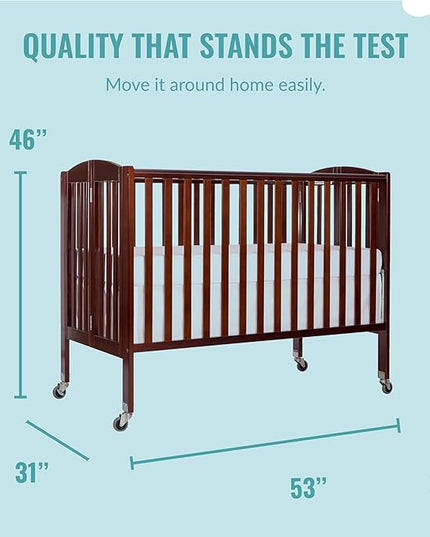 Folding Full Size Convenience Crib In Espresso, Two Adjustable Mattress Height Positions, Comes With Heavy Duty Locking Wheels, Flat Folding Crib - LeafyLoom
