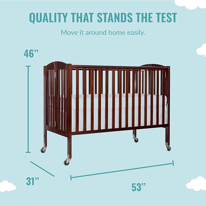 Folding Full Size Convenience Crib In Espresso, Two Adjustable Mattress Height Positions, Comes With Heavy Duty Locking Wheels, Flat Folding Crib - LeafyLoom