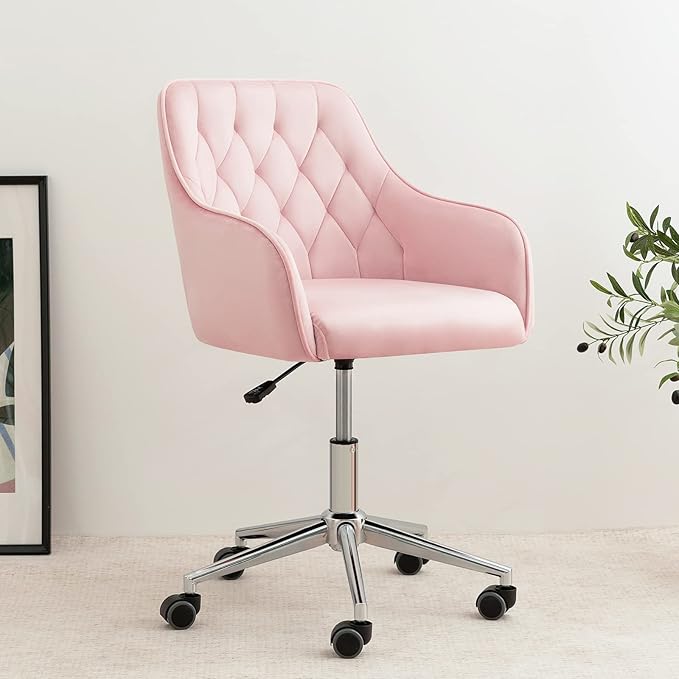 Velvet Desk Chair Vanity Chair for Makeup with Wheels and Back Home Office Chair Adjustable Rolling Swivel Chair for Bedroom Vanity Room Pink - LeafyLoom