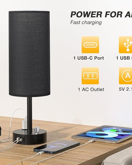 Innqoo Black Table Lamps for Boy Set of 2 - Fully Dimmable Bedroom Lamp with USB C Charging Port, Bedside Lamps with USB Ports and Outlets, Night Lamps for Reading, Nursery, Study with Black Base - LeafyLoom