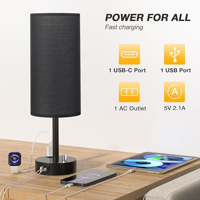 Innqoo Black Table Lamps for Boy Set of 2 - Fully Dimmable Bedroom Lamp with USB C Charging Port, Bedside Lamps with USB Ports and Outlets, Night Lamps for Reading, Nursery, Study with Black Base - LeafyLoom