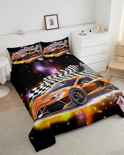 Feelyou Sports Car Comforter Set Queen, Orange Racing Car Bedding Set 3pcs for Kids Boys Teens Bedroom Cool Speed Luxury Car Decor, Black White Plaid Grid Print Quilt Set with 2 Pillowcases - LeafyLoom