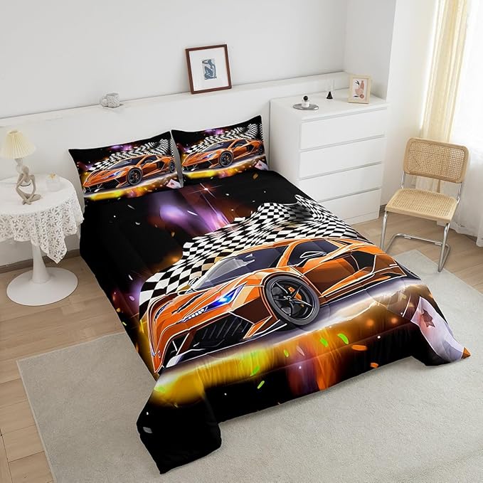 Feelyou Sports Car Comforter Set Queen, Orange Racing Car Bedding Set 3pcs for Kids Boys Teens Bedroom Cool Speed Luxury Car Decor, Black White Plaid Grid Print Quilt Set with 2 Pillowcases - LeafyLoom