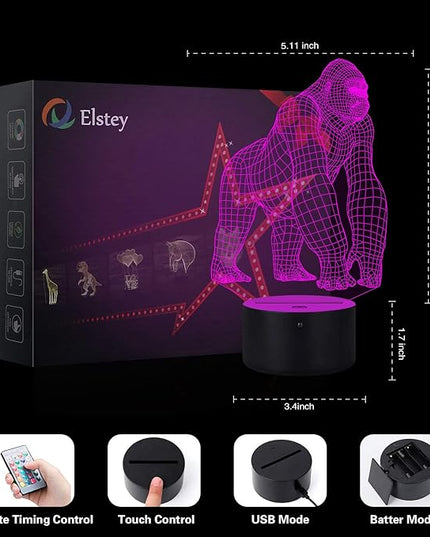 Elstey 3D Gorilla Lamp Mood Lamp 16 Color Nursery Night Lights Illusion Acrylic LED Table Bedside Lamp, Children Bedroom Desk Decor, Birthday Christmas Gift Cute Toy for Kids Adult - LeafyLoom