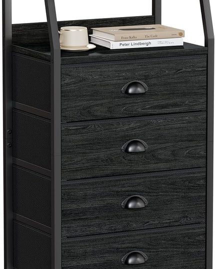 Furnulem Tall 4 Drawers Dresser, Vertical Storage Tower Black Dresser for Bedroom, Hallway, Entryway, Nursery, Closet Organizer, Nightstand Bedside Table Furniture, Sturdy Steel Frame, Wood Top - LeafyLoom