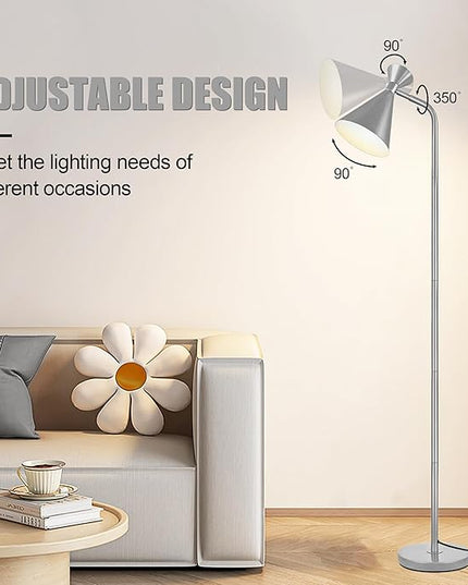 PARTPHONER Floor Lamp for Living Room, Modern Adjustable Metal Heads Standing Lamps, Simple Design Silver Floor Lamp with Foot Switch for Bedroom, Office, Kids Room, Reading, Working(Bulb Not Include) - LeafyLoom