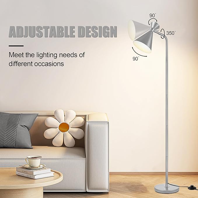 PARTPHONER Floor Lamp for Living Room, Modern Adjustable Metal Heads Standing Lamps, Simple Design Silver Floor Lamp with Foot Switch for Bedroom, Office, Kids Room, Reading, Working(Bulb Not Include) - LeafyLoom