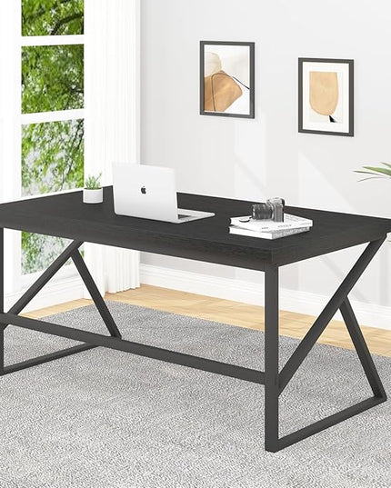 HSH Black Computer Desk, Long Home Office Laptop PC Desk, Large Industrial Metal Wood Executive Writing Gaming Workstation Desk, Modern Simple Student Study Work Table for Bedroom Living Room, 60 Inch - LeafyLoom