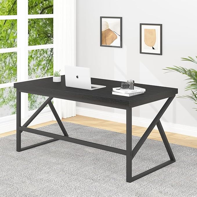 HSH Black Computer Desk, Long Home Office Laptop PC Desk, Large Industrial Metal Wood Executive Writing Gaming Workstation Desk, Modern Simple Student Study Work Table for Bedroom Living Room, 60 Inch - LeafyLoom
